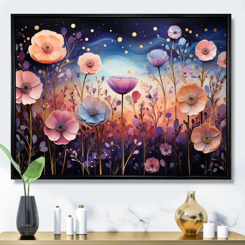 Fleurs mystiques mauves - Impression, Cadre flottant noir, H 30 po x l 40 po x P 1,5 po