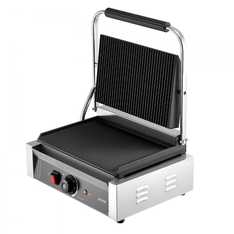 Commercial Panini Grill, 1800W Electric Sandwich Panini Maker, Stainless Steel Sandwichs Press with Handle and Temp Control, 13.5x9.3 in Full Grooved Enamel Plate, for Hamburger Steak Bacon