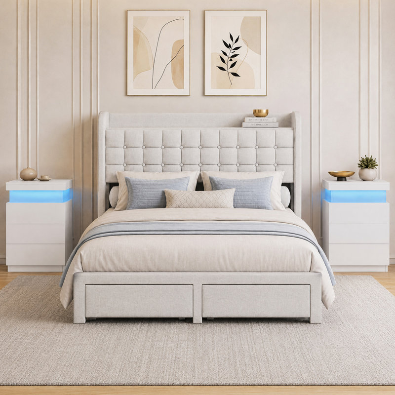 Ensemble de chambre à coucher tapissier Chrisha, Beige / Blanc, Lit double