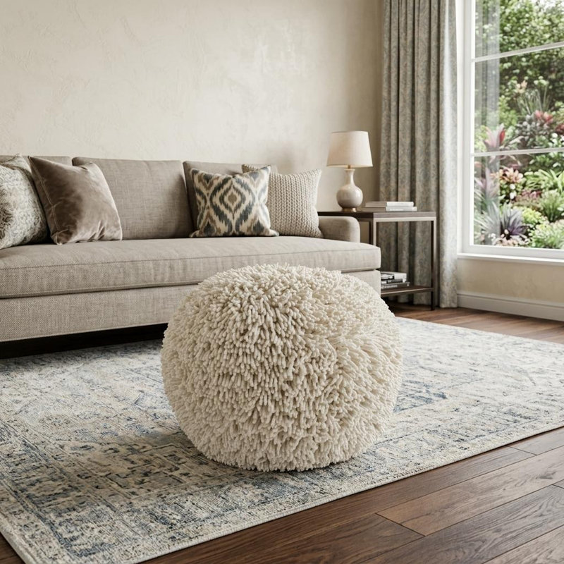 20" Cream Cotton Tufted Round Geometric Pouf Ottoman