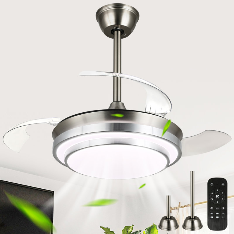 36 Inch Retractable Ceiling Fan With Lights, Modern 6 Speeds Silent DC Motor Fandelier Ceiling Fan For Bedroom, Clear, Chrome