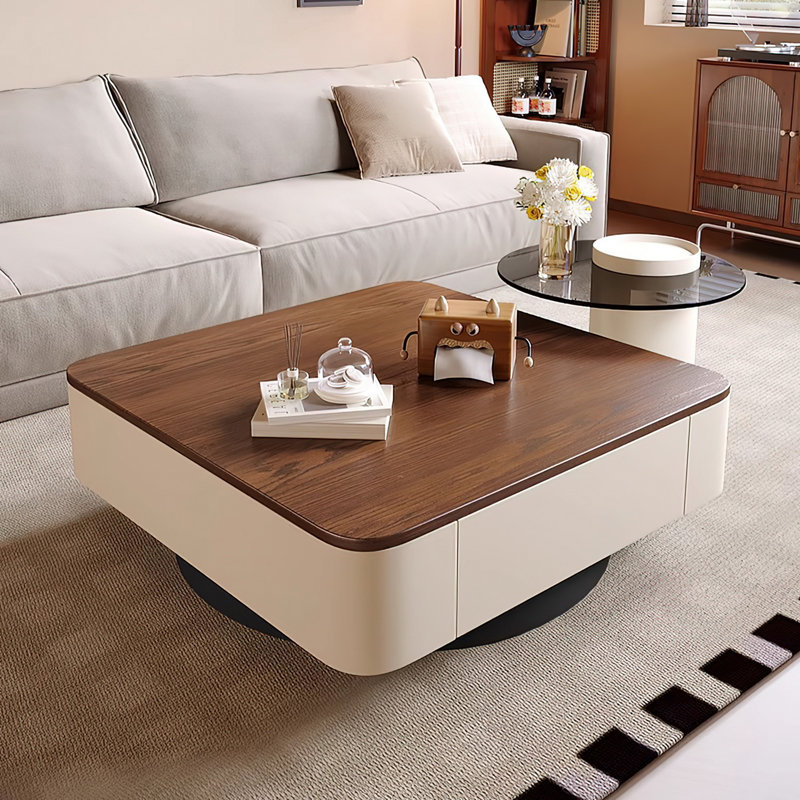 Ensemble de tables basses gigognes 2 pièces Modern Modern avec tiroirs de rangement, plateau en bois massif et table d'appoint en verre trempé