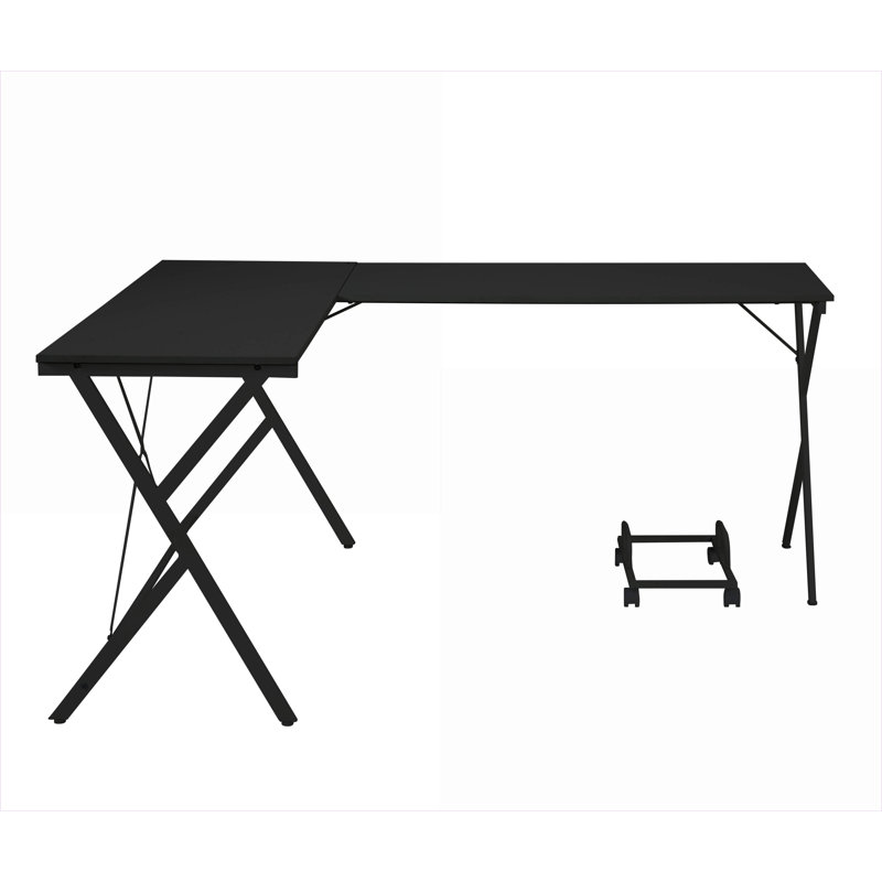 Bureau d'ordinateur en L avec roulettes | Noir | Métal, bois synthétique