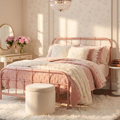 Structure de lit plateforme industrielle en métal pour lit double / grand lit industriel - conception de passepoil en fer rose rosé avec coins arrondis et lattes robustes