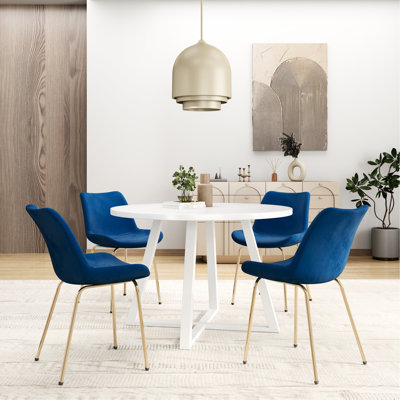 5 meubles de salle à manger - table ronde blanche avec 4 chaises en velours rembourrées