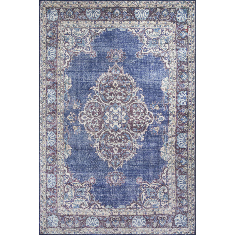 Tapis décoratif bleu marine / gris / beige, Rectangle 3 pi 10 po x 5 pi 3 po