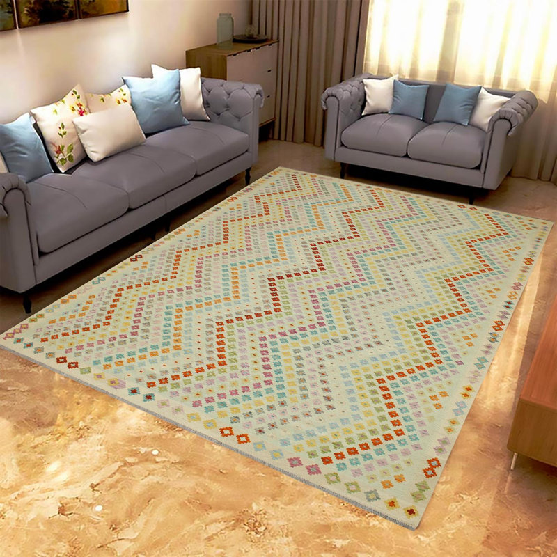 Tapis géométrique beige en laine fait à la main 8 pi 8 po x 11 pi 3 po Kelvy