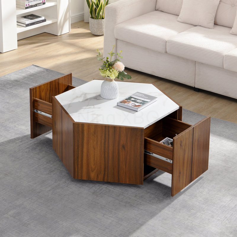 Table basse hexagonale rustique rétro en bois avec 2 tiroirs cachés avec dessus en marbre texturé Walunt Oak, Brun