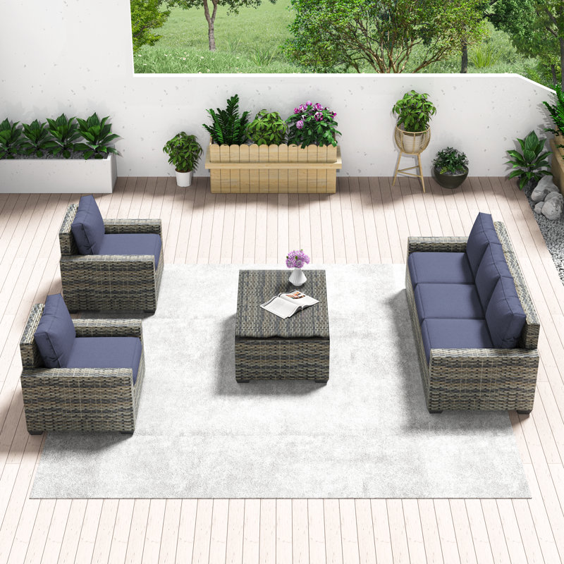 6 Piece Rattan Seating Group with Cushions, Navy