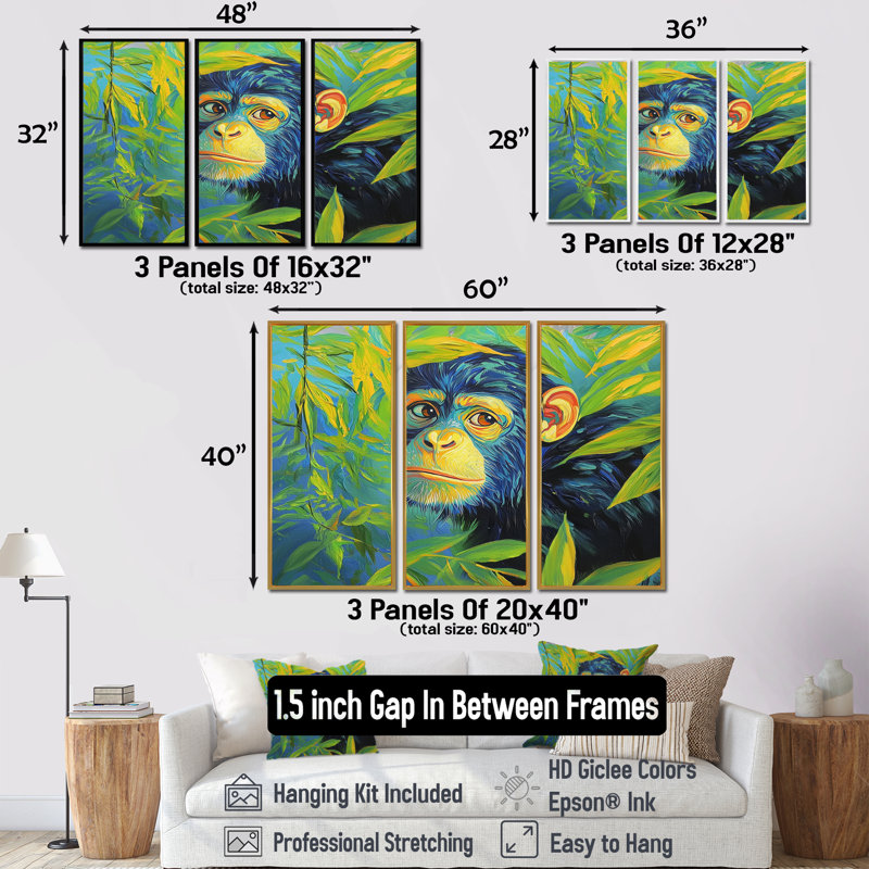 Ensemble de salon Playkey Monkey Primer In The Jungle II - Monkey Wall Art, H 40 po x l 60 po, Argent argent