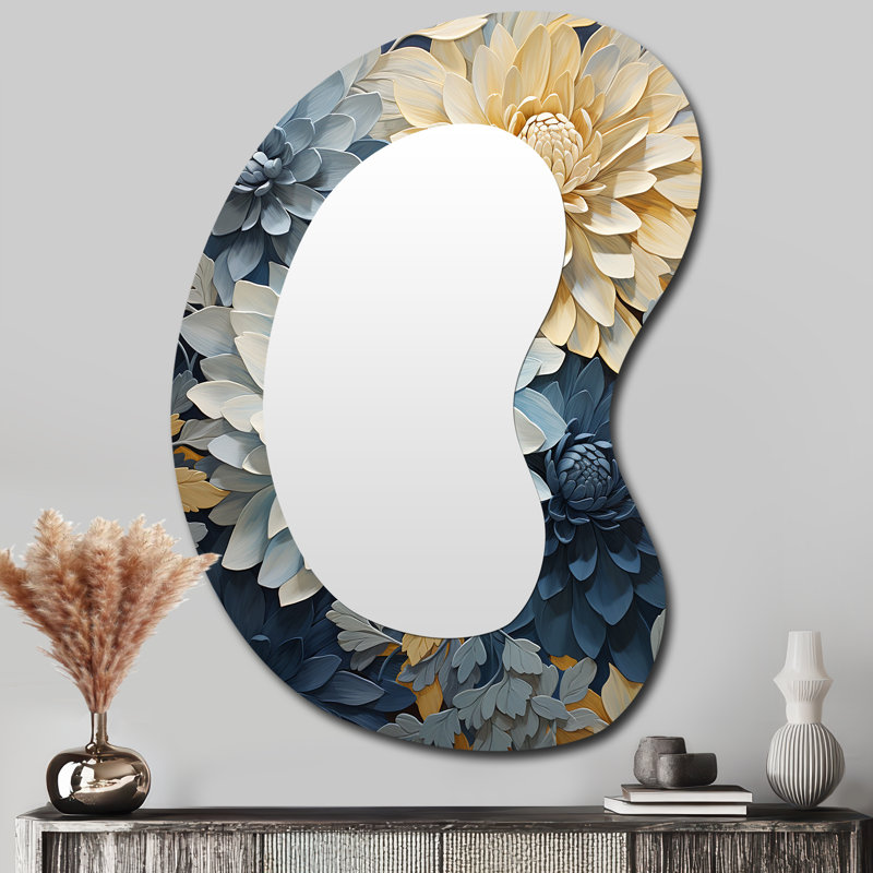 Mums blanc et bleu Elegance - miroir mural de forme unique Mums, miroir décoratif asymétrique beige, impression d'art en métal