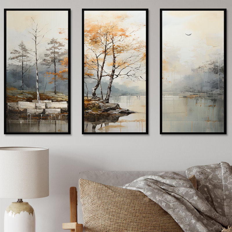 Ensemble de salon mural gris avec décorations fluviales «Forest River I», Cadre flottant noir, H 40 po x l 60 po x P 1 po