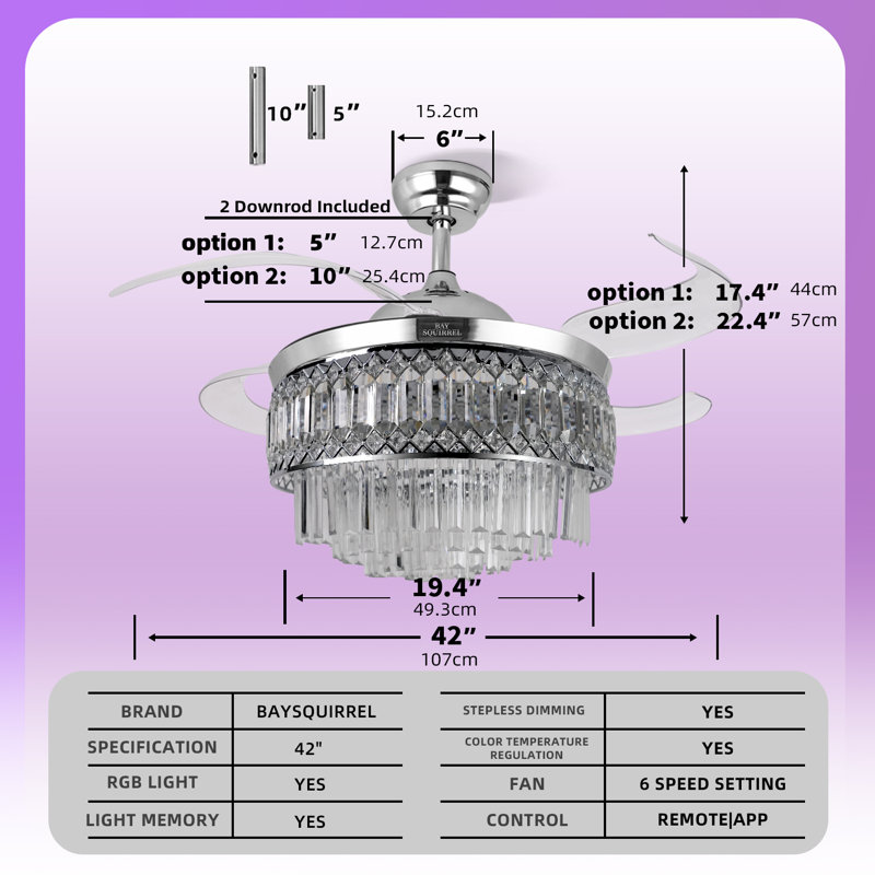 Ventilateur de plafond en cristal de 42 pouces avec pales invisibles rétractables, haut-parleur Bluetooth, éclairage RVB en couleur, réglages avant / arrière à 6 vitesses, télécommande, contrôle intelligent basé sur une application