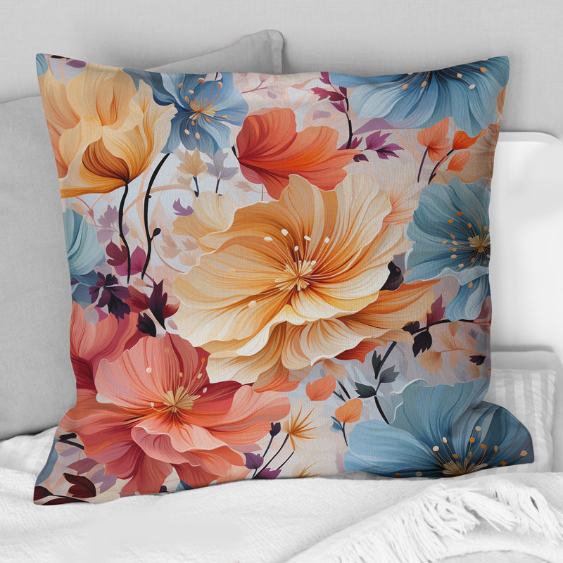 Coussin décoratif imprimé floral jaune et bleu, H 16 po x l 16 po