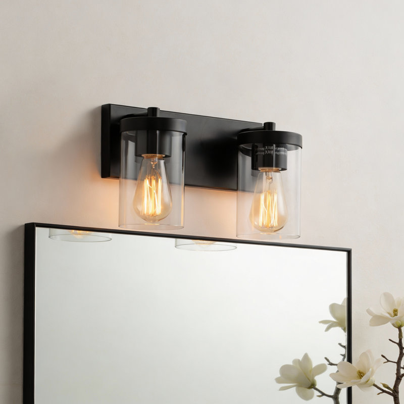 Luminaire de meuble-lavabo 3 lumières Cleofas avec abat-jour en verre transparent, Noir mat, Deux lumières