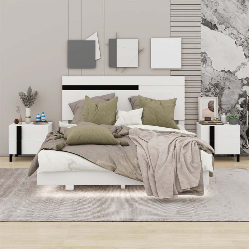 Modern High Gloss 3-Piece Bedroom Set Floating Bed Frame Platform Bed With LED Light & 2 Nightstands