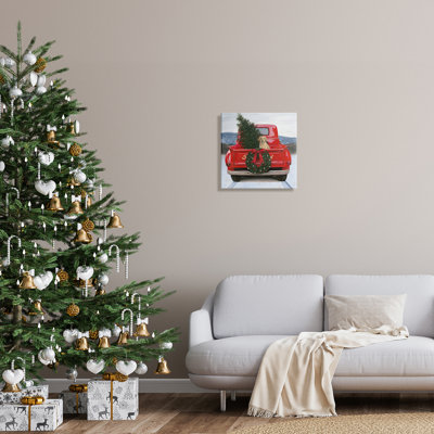 Arbre de Noël et chien camion rouge conduisant une scène enneigée noire, estampe numérique de James Wiens
