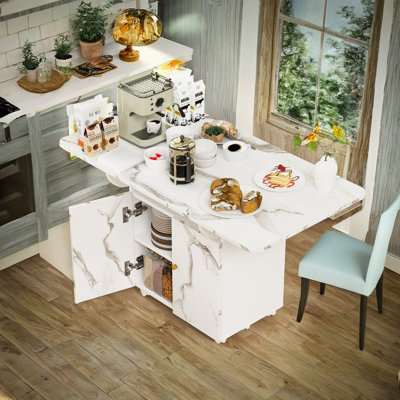 Table de salle à manger pliante en bois de 47 po avec support de rangement et armoire, table d'entrée amovible à 6 roulettes, îlot de cuisine en marbre blanc, table d'appoint et table basse