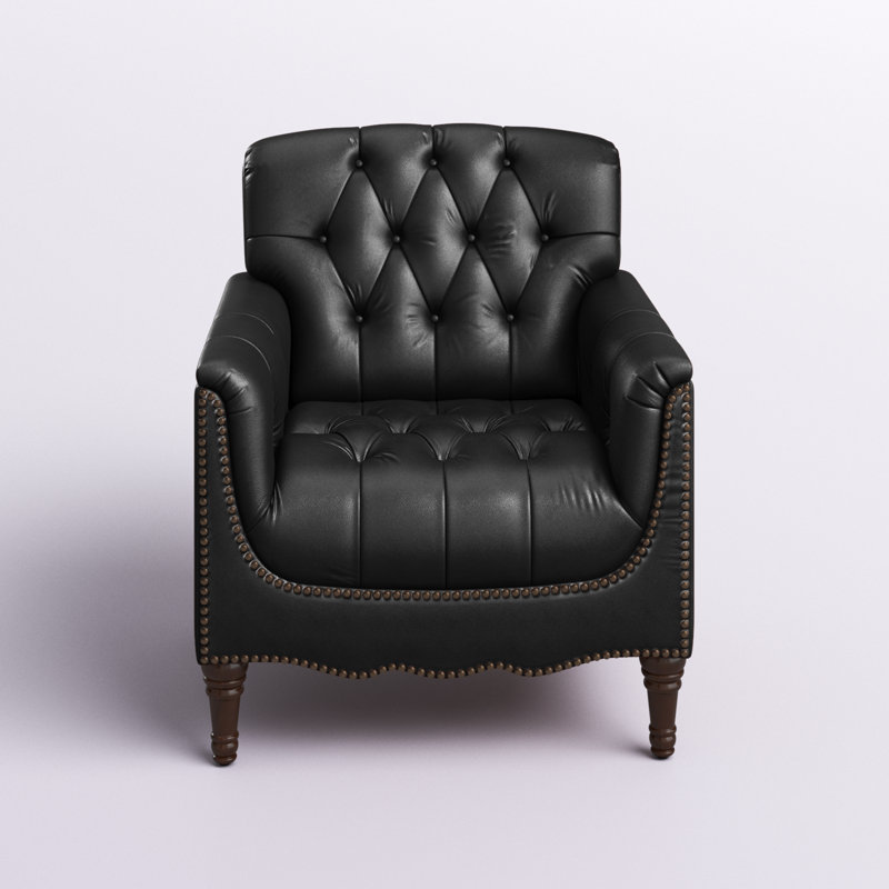 Annja 32" W Tufted Leather Armchair, Black Genuine Leather