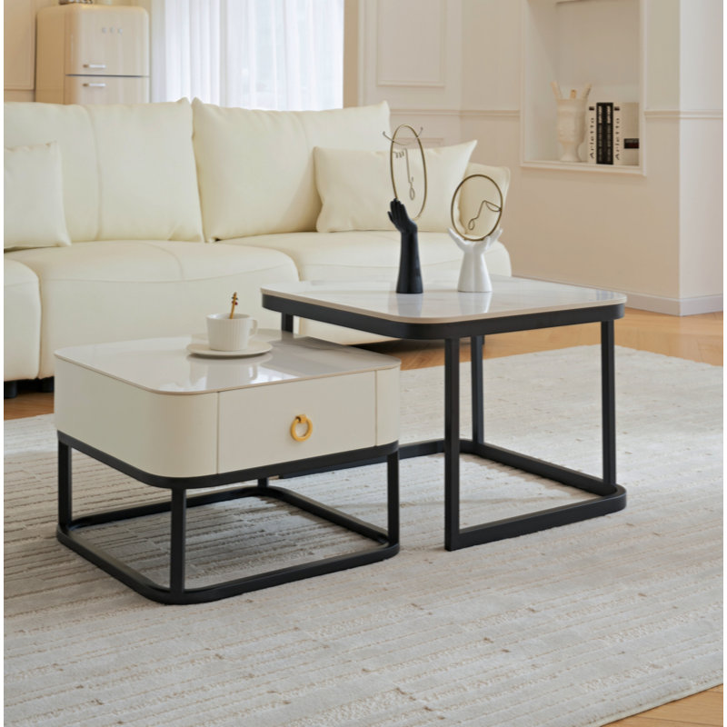 Table gigogne en marbre moderne, ensemble de 2 tables de bout pour salon, tables d'appoint empilables, Noir, noir, noir, noir