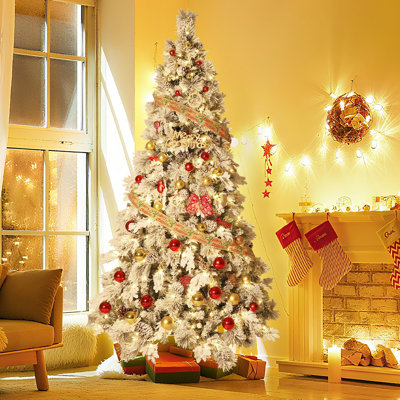 7.5 Ft Pre Lit Snow Flocked Spruce Artificial Christmas Tree with Warm White Lights and Foldable Stand for Holiday Decor