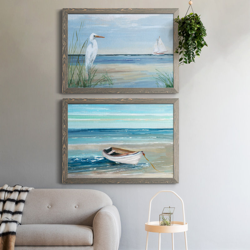 Summer Heron - Ensemble de 2 peintures sur toile encadrées, Encadré gris, H 31 po x l 44 po x P 1 po