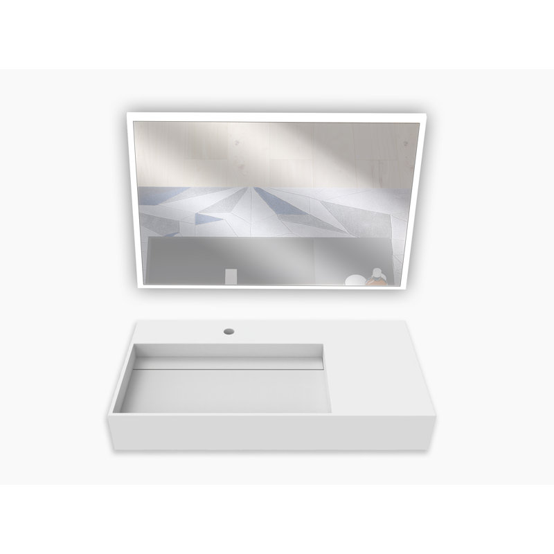 Juniper 36" Solid Surface Wall Mount Modern Minimalist Left Basin Bathroom Sink and LED Mirror Set, White