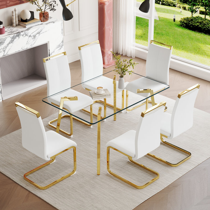 Glass Dining Table Set For 6, White, 7