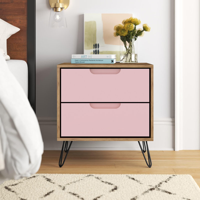 Rockefeller 20" Mid-Century Modern 2-Drawer Nightstand in Pink, Nature/Rose Pink