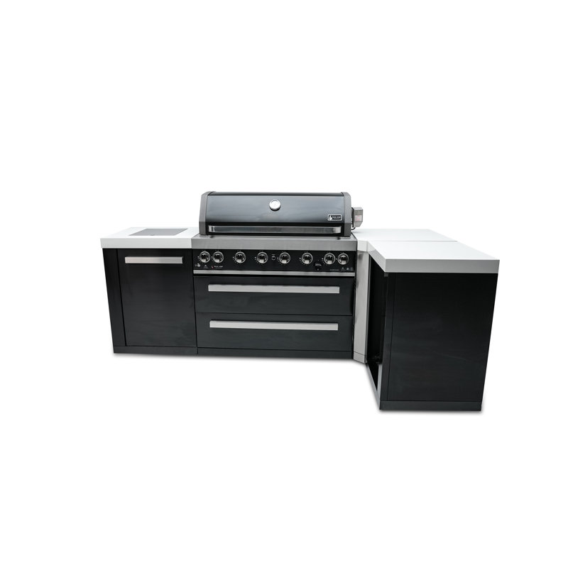 Îlot de cuisine modulaire en forme de L en acier inoxydable noir L 94 po x P 50 po Mont Monti + brûleur infrarouge latéral et arrière + gril barbecue à 6 brûleurs l 44 po + comptoirs en granite + armoires et tiroirs de rangement