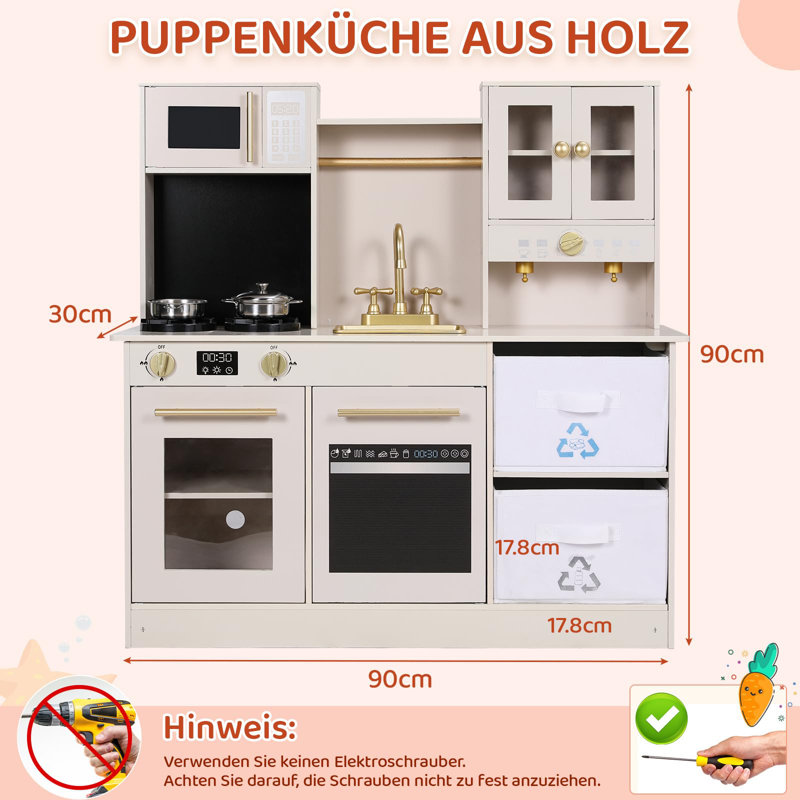 Children's Wooden Play Kitchen With Light And Sound, Doll's Kitchen Wood For Children, 90 X 30 X 90 Cm, With Kitchen Accessories And 2 Pieces Storage Boxes, Toy For Children From 3 Years