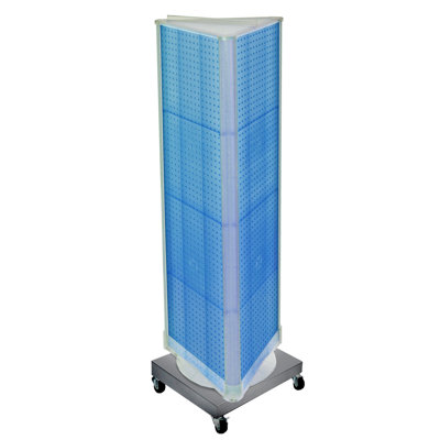 Présentoir de plancher en panneau perforé à trois côtés sur base à roulettes. Taille du panneau: l 16 po x H 60 po