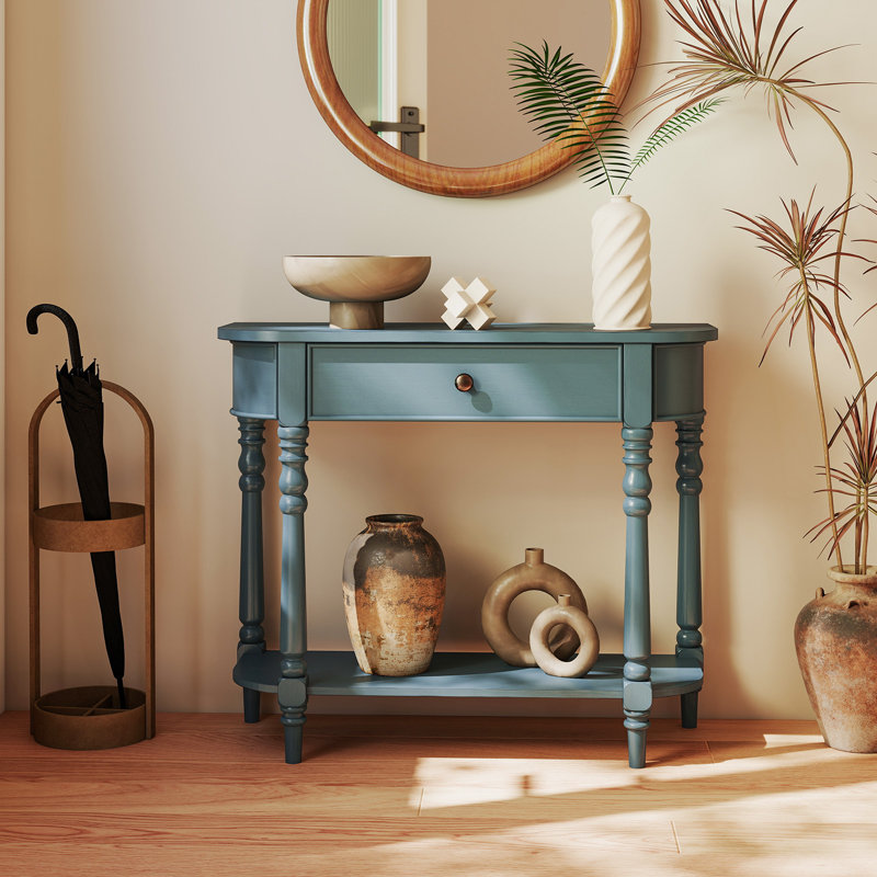 Console rétro en bois L 36 po avec tiroir de rangement et tablette ouverte, Bleu