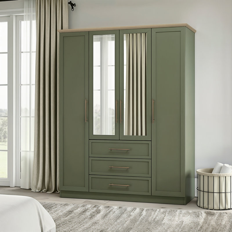 Cleverton 4 Door 3 Drawer Wardrobe with Mirror, Kale Green