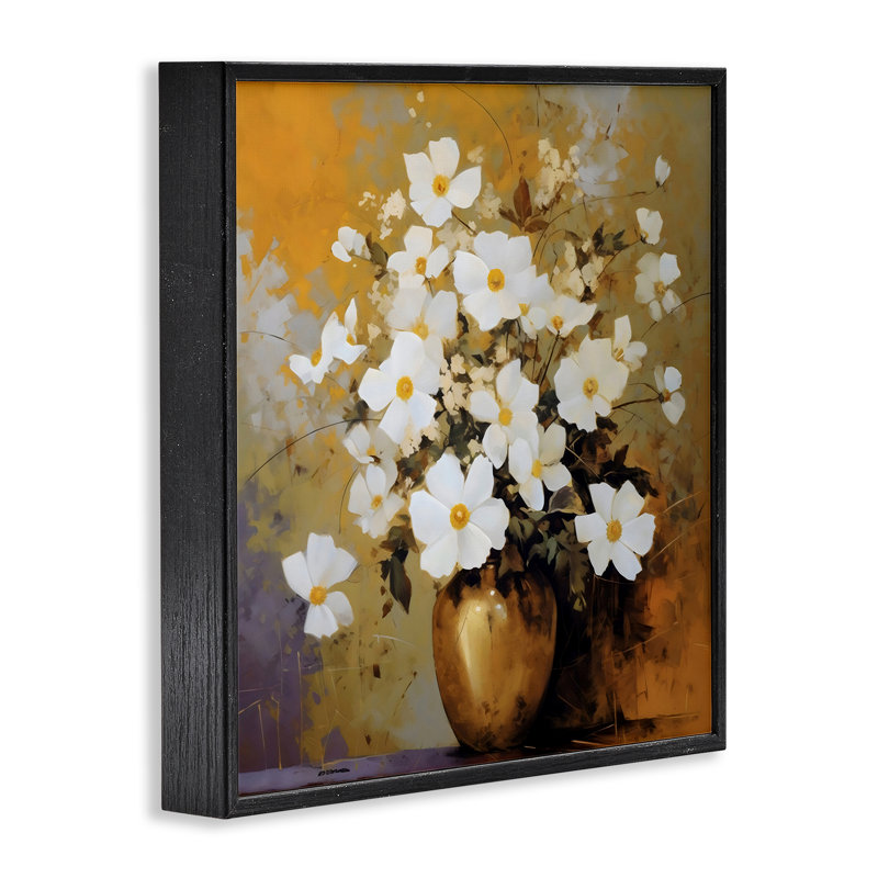 Vase doré avec marguerites, estampe numérique, design par LSR Creative Studio, Giclée encadrée noir minuit, H 12 po x l 12 po