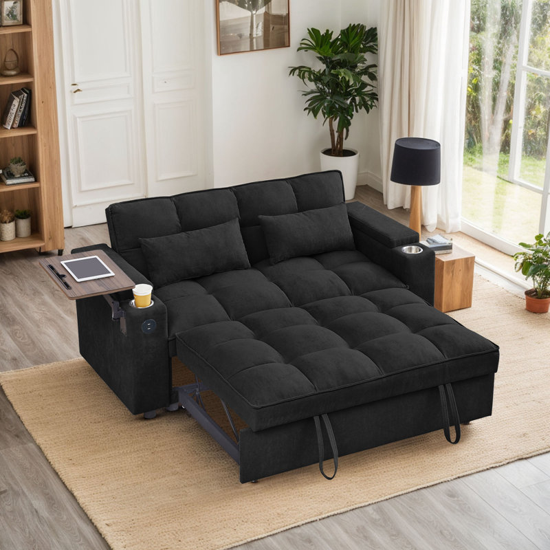 Chenille Convertible Loveseat with Storage Armrest, USB Port & Side Table, Black Chenille