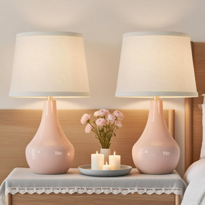 Modern Pink Table Lamps Set Of 2 - Ceramic Nightstand Bedside Lamps With Rocker Switch And Included LED Bulbs For Bedroom Living Room