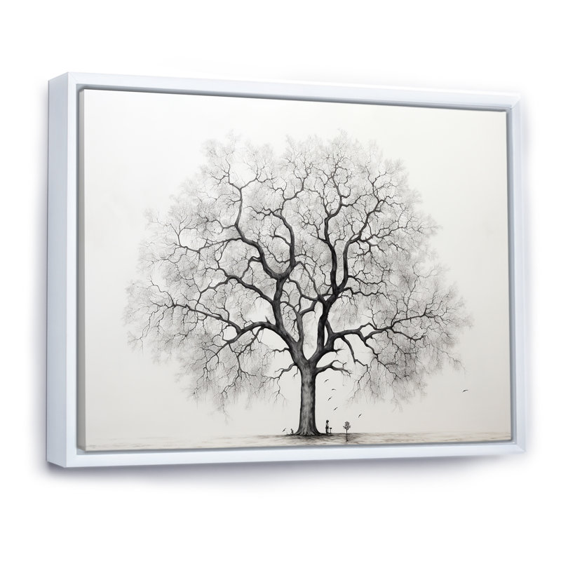 «White and Grey Minimalisme Maple Tree I», reproduction sur toile, Cadre flottant blanc, H 30 po x l 40 po x P 1,5 po