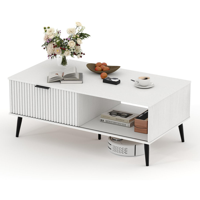 105 x 55 x 42 cm Coffee Table with Storage Compartments and Sliding Door, Waveform Board Coffee Table for Living Room, Mid-Century Modern Centre Table with Rounded Corners, White