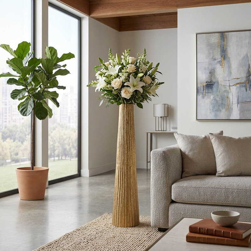 Vase de sol décoratif en métal pour la décoration d'espaces ouverts - Vase de table haut moderne avec finition texturée pour le salon ou les coins