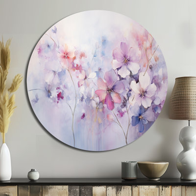 Mauve, fleurs rêveuses I - art abstrait en métal rond