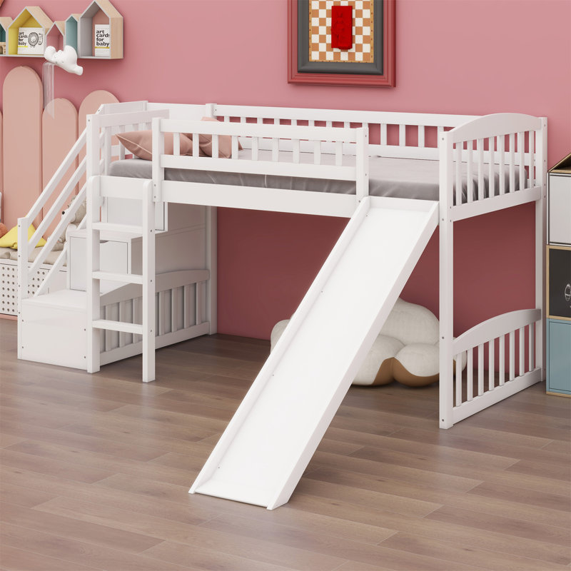 Lit mezzanine avec escalier et glissade, Blanc