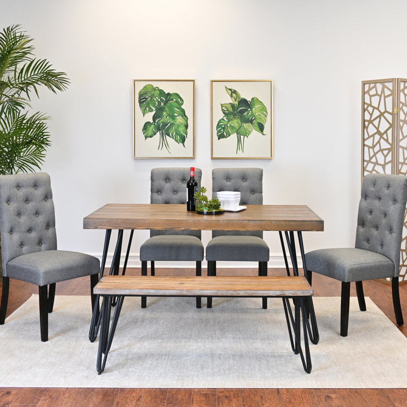 Ensemble de salle à manger 6 pièces Ashford, table de salle à manger en épingle à cheveux avec 4 chaises et banc, 4 options de couleurs (ensemble de salle à manger)