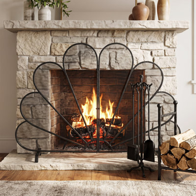 41.73 in. Peacock Fan Fireplace Screen, 41.73 x 7.87 x 33.07 in., Iron 1-Piece Set Fireplace Screen, Gold, Two-Panel Peacock Fan Design
