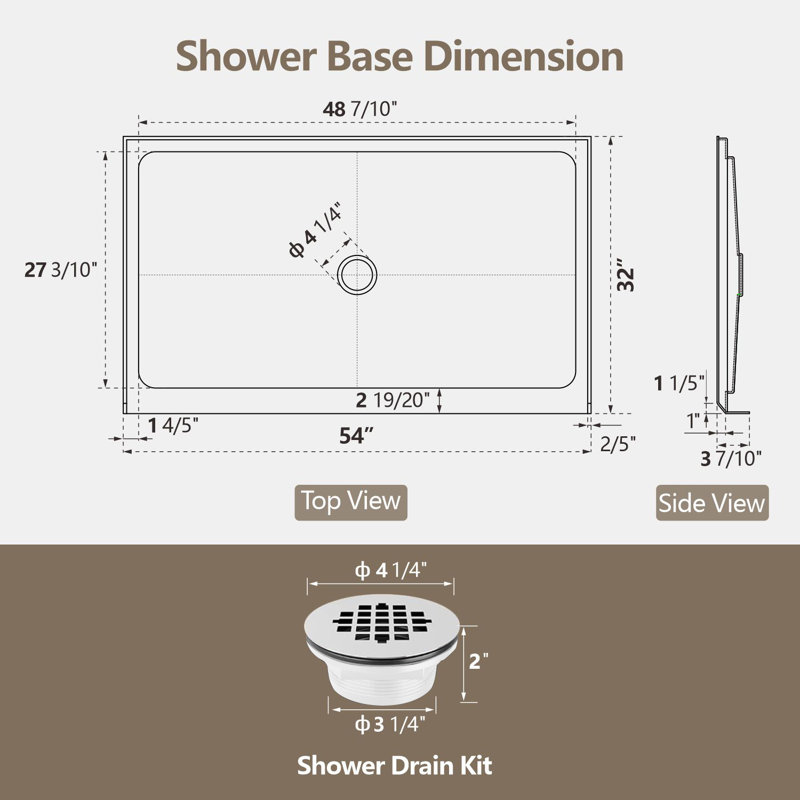 Base de douche à simple seuil à drain central avec surface texturée antidérapante, 54 po x l 32 po, blanc Base de douche en acrylique pour salle de bain avec drain, blanc