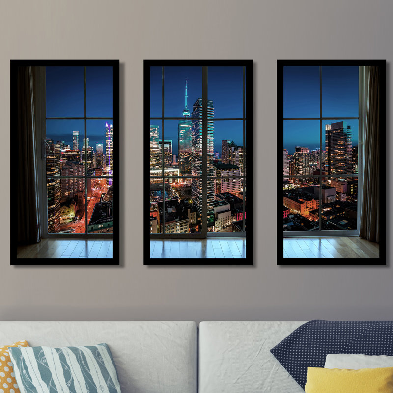 «Twilight in Downtown Toronto, Ontario Window», ensemble de 3 reproductions de photos sur acrylique