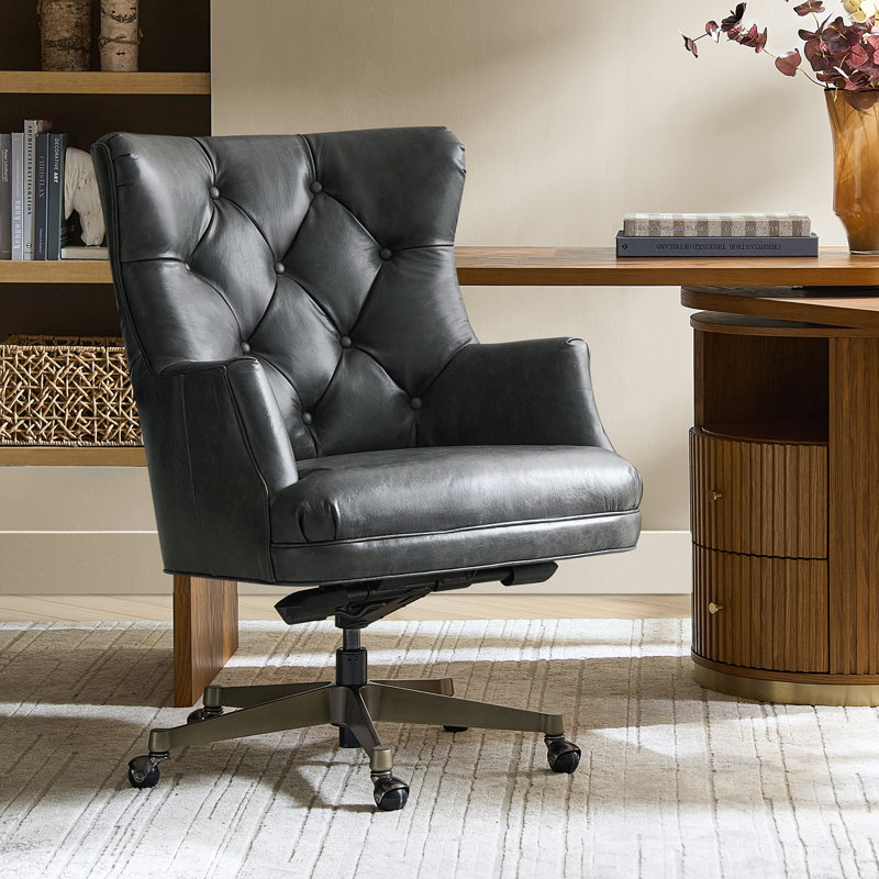 Heeg Transitional Genuine Leather Wingback Design 360° Swivel Tilting Lock Office Chair with Tufted Backrest, Gray