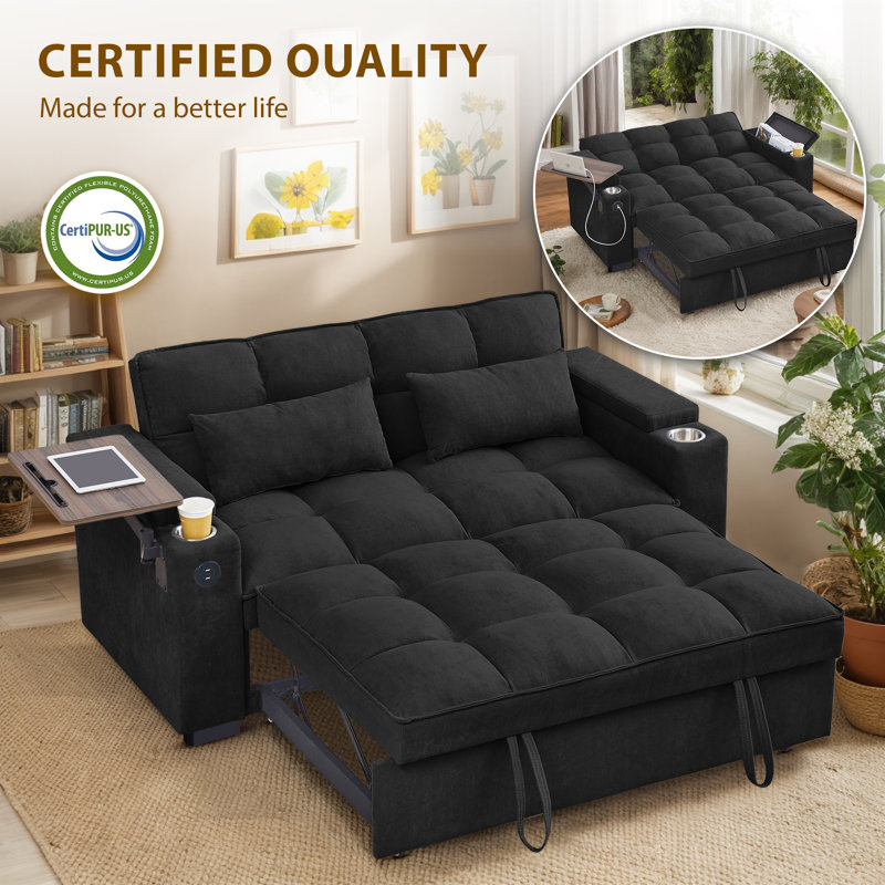 65" Wide Convertible Futon Sofa Bed with Pull-Out Sleeper, Side Table, USB & Type-C Ports&Storage Armrests