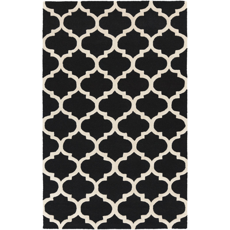 Tapis noir/beige à crochet fait main Rudolph, Rectangle 3 pi 6 po x 5 pi 6 po