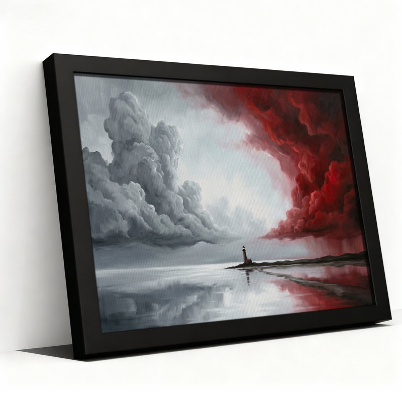 Tableau sur toile « Phare sous des nuages ​​d'orage rouges et gris », 12"H x 18"W